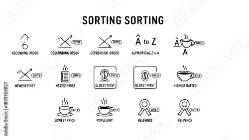 Data Sorting Icons Displaying Different Ordering Methods in a White Scene Explaining Various Relevance Types