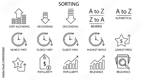 Data Sorting Icons Showcase Different Filter Methods for Websites or Applications Ascending and Descending Order Concepts
