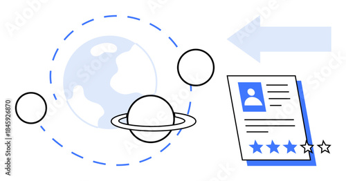 Earth, planets, arrow, and profile review card with star ratings represent global opportunities, recruitment, success, feedback, expertise performance improvement. Simple flat metaphor