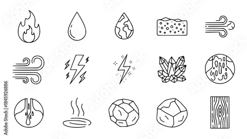 Elemental icons depict diverse natural forces in a clean outline style showing symbolic representations on white