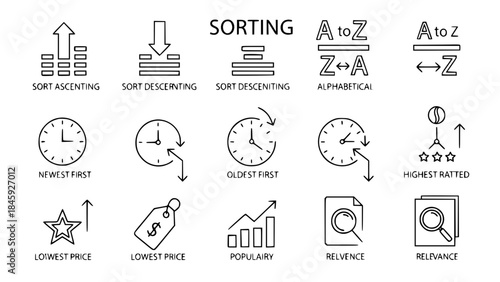Sorting icons illustrate data arrangement criteria in a clear graphical presentation detailing filtering methods