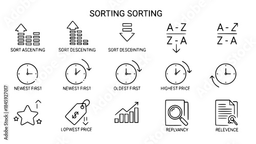 Sorting icons illustrate data organization methods in a simplistic graphic representation with various symbols