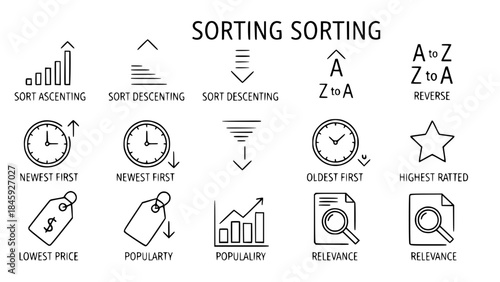 Sorting icons illustrate different data arrangement options on white background showing functionality and features