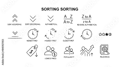 Sorting icons represent data ordering features in clean white background demonstrating functionality and user interface elements
