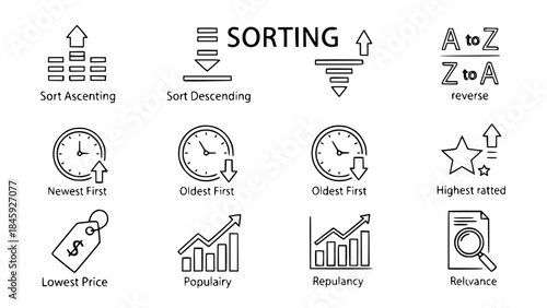 Sorting symbols illustrate ordering data in a list comparison on a white background showing functions for arranging information