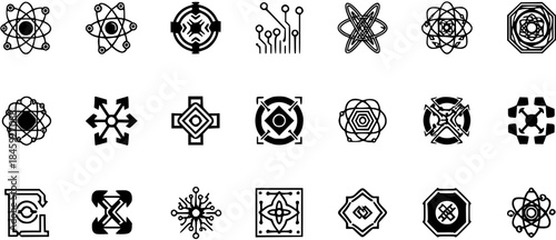 Abstract Science  Technology Icons Set with Geometric Shapes, Atom Models, Circuitry, and Modern Symbols in Black and White