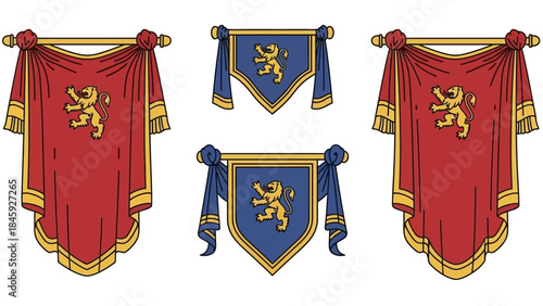Four decorative medieval banners featuring a golden lion rampant on red and blue backgrounds.