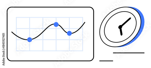 Business analytics, time management, scheduling, efficiency, workflow, productivity. Graph with data points next to a clock. Time management and business analytics concept