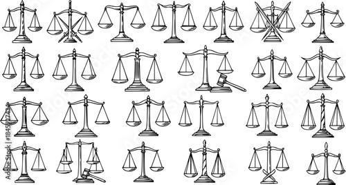 Collection of hand-drawn scales of justice illustrations, representing law, balance, equality, and legal concepts, in various styles and states.