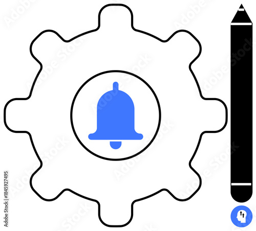Notification settings. Notification gear with bell and pen icons for adjusting alerts and configurations. Notification management, user preferences, and alert customization for software apps, web
