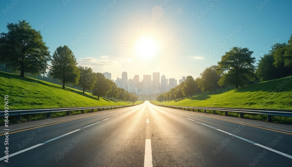Obraz premium Asphalt road leads toward city skyline under bright sun. Green hills flank highway with trees lining path towards urban center. Clear blue sky shines over landscape.