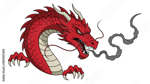 A vibrant red Asian-style dragon with sharp claws and horns, breathing dark smoke from its mouth, depicted in a dynamic cartoon illustration.