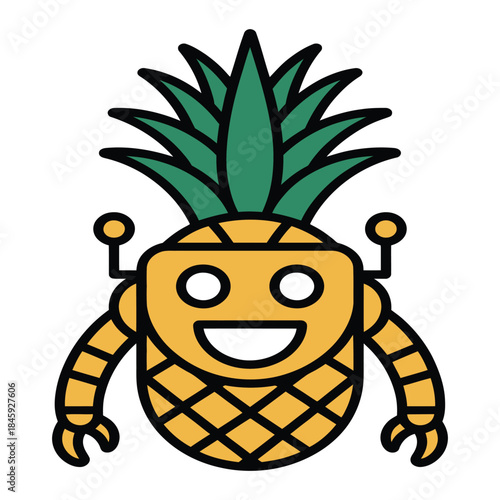 A friendly cartoon pineapple robot character with a smiling face and antennae on a white background