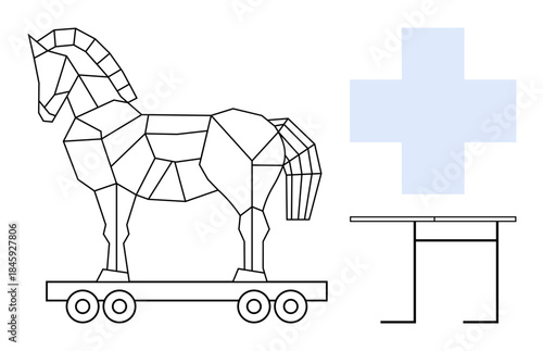 Cybersecurity, healthcare safety, medical systems, security threats, digital protection, Trojan virus. Geometric Trojan horse, blue cross and table elements. Cybersecurity and healthcare safety
