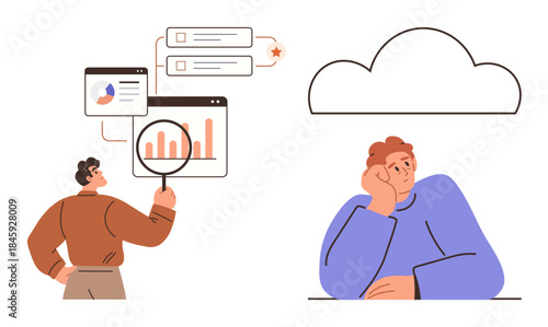 Businessperson analyzing charts, graphs, and feedback on a digital interface. Person ponders creativity next to a cloud. Ideal for innovation, analytics, cloud tech, strategy, decision-making