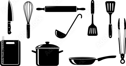 Kitchen tools silhouette, Kitchen utensils silhouette, Cooking tools 