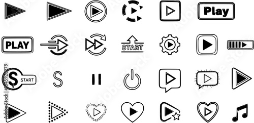 Diverse collection of play button icons, start symbols, and media control elements in various black and white styles, perfect for UIUX design and web applications.
