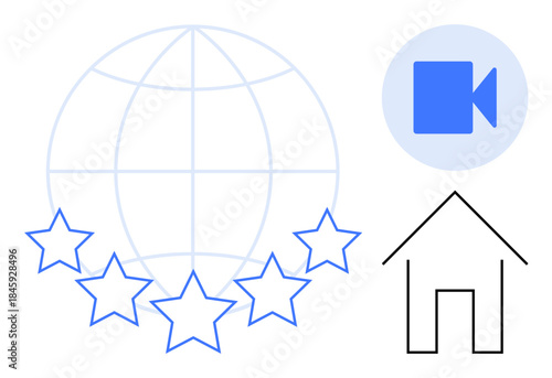 Remote work, online learning, digital communication, global connectivity, home office solutions, rating systems. Outline of a globe, stars house and video icon. Remote work and online learning