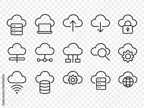 Cloud Computing and Data Storage Icons set : Outline Vector Symbols for Network, Server, and Web Technology UI UX Design