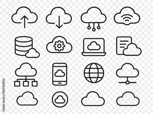 Cloud Computing and Data Storage Icons set : Outline Vector Symbols for Network, Server, and Web Technology UI UX Design