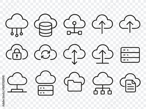 Cloud Computing and Data Storage Icons set : Outline Vector Symbols for Network, Server, and Web Technology UI UX Design