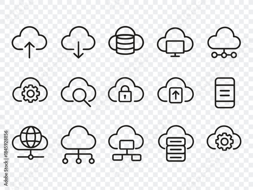 Cloud Computing and Data Storage Icons set : Outline Vector Symbols for Network, Server, and Web Technology UI UX Design