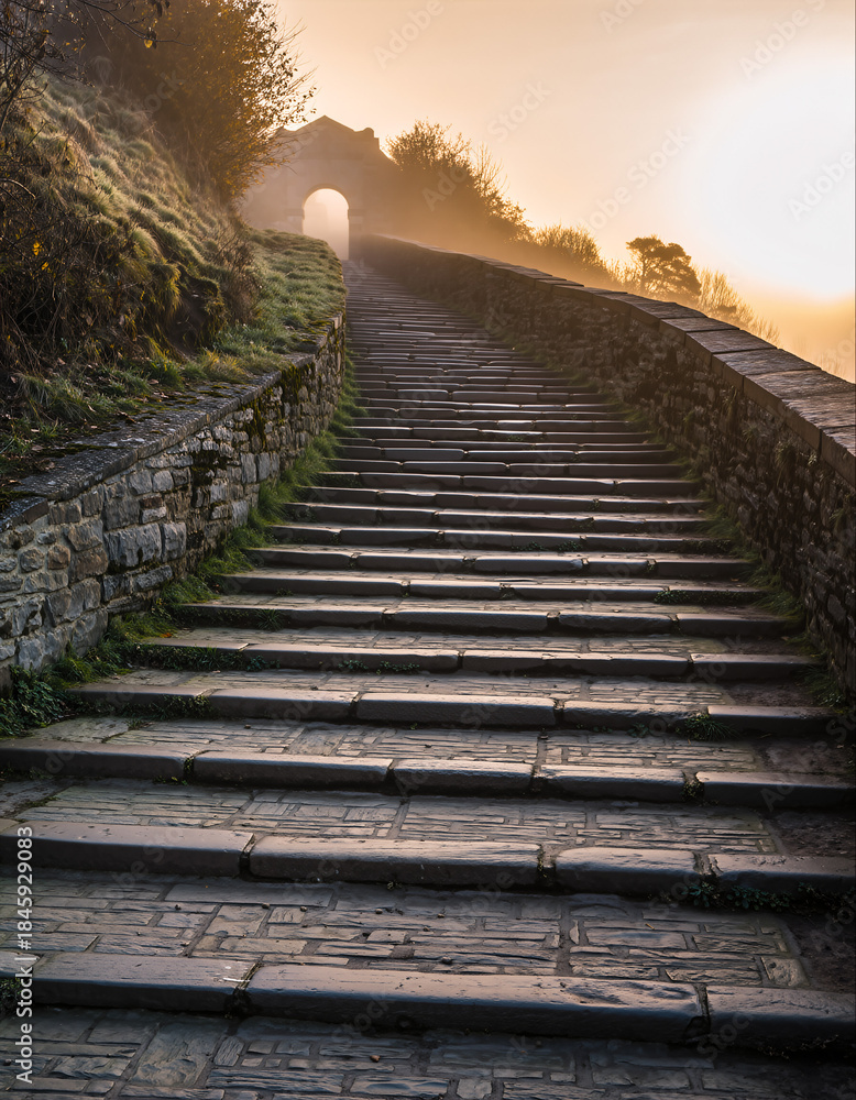 Obraz premium Stone stairway leading uphill to arched entrance on a foggy morning in Yorkshire, England