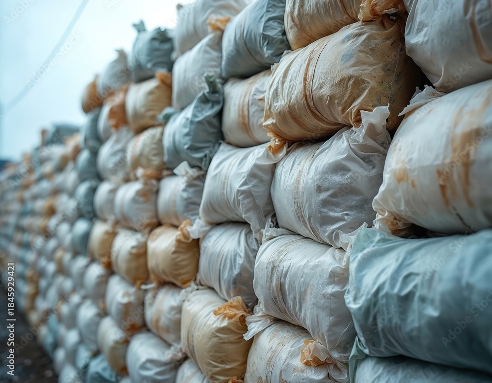 Obraz premium Stacks of large sacks filled with compressed materials, possibly waste or recyclables, awaiting processing or disposal. The large pile creates a textured wall outdoors, suggesting bulk storage.