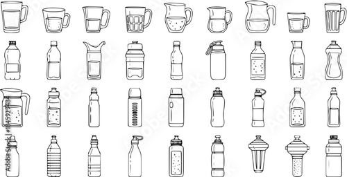 Hand-drawn set of various drinking containers, including mugs, cups, pitchers, bottles, and thermoses, in a simple doodle outline style