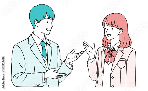 制服姿の学生（男女）の会話イラスト（学校・高校生）,相談,対話,ディスカッション,授業,カラー,ベクター