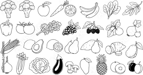 Hand-drawn outline vector illustration set of healthy fresh fruits and vegetables. Organic produce for diet, nutrition, farm markets, and healthy eating concepts.