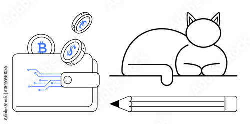 Cryptocurrencies, finance, relaxation, creativity, modern technology, pet behavior. A digital wallet with coins and a minimalist cat next to a pencil. Cryptocurrencies and finance concept