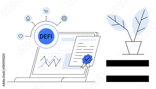 Laptop displaying decentralized finance elements, data charts, verified documentation, plant, and icons. Ideal for fintech, blockchain, investment, sustainability analytics digital economy