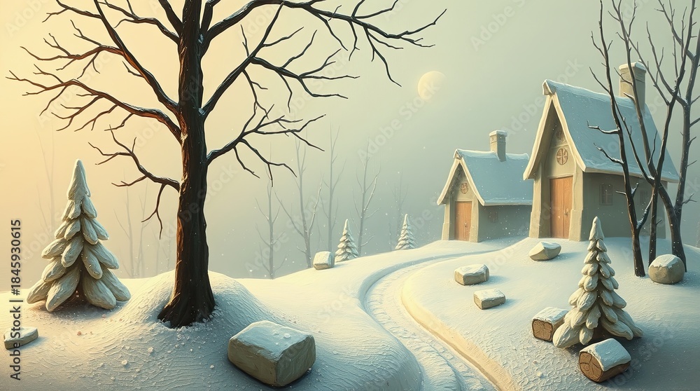 Obraz premium A winter illustration presents nature covered in snow.