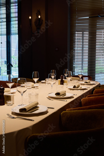 celebration setup ready, group gathering featuring meticulous table decor and lighting effects