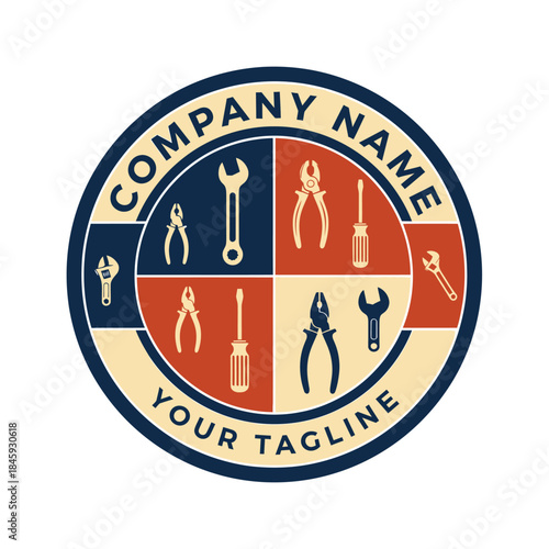 Circular Logo Design Featuring Various Hand Tools for a Repair or Construction Company.