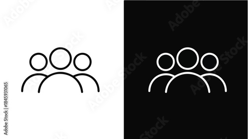 Simple line icons depicting three people on white and black backgrounds.