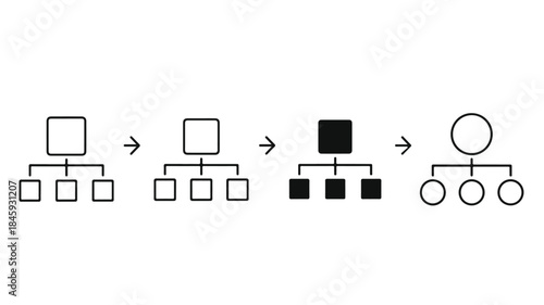 Flowchart diagram illustrating hierarchical organization structure with connected boxes and circles on a white background.