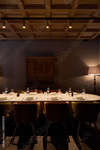 formal private dinner setting constructed, dinner arrangement featuring sophistication and intimacy