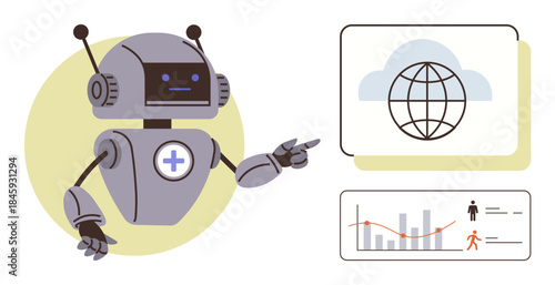 Humanoid robot pointing at a screen displaying cloud-connected globe and analytics graph. Ideal for AI, robotics, data analysis, cloud computing, healthcare, future technology, education concepts