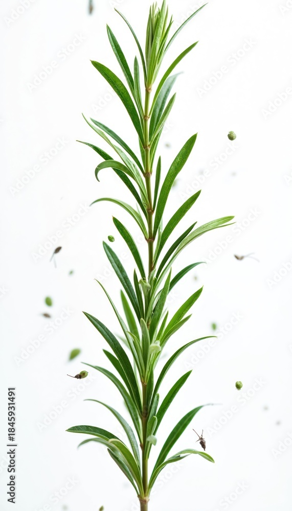 Fototapeta premium Green rosemary sprig with scattered seeds and leaves against white backdrop. Tiny insect crawls on a leaf. Fresh herb for cooking or decoration.