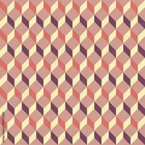 Pattern created by cream, terracotta and dark purple diamonds on a dusty-pink background