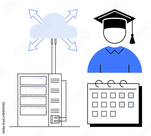 Cloud with server infrastructure, graduate cap, and calendar representing education, data storage, and scheduling. Ideal for online learning, cloud storage, academic success, planning technology