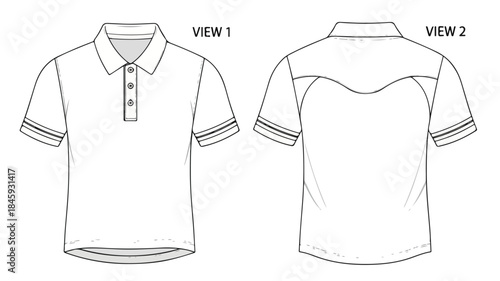Technical drawing of a short-sleeved polo shirt with collar and button placket, shown from front and back, on a white background.