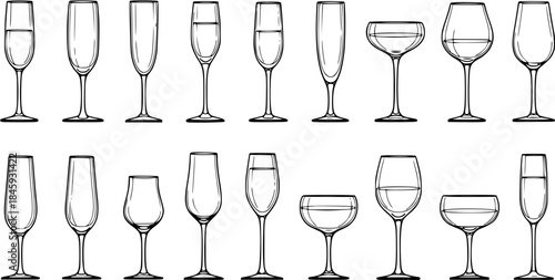 Hand-drawn outline vector set of various wine glasses, champagne flutes, and cocktail stemware. Diverse collection of drinkware types.