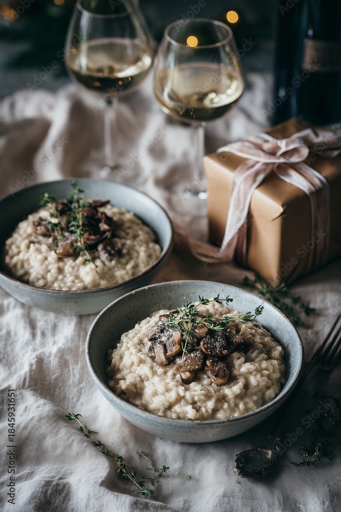 Obraz premium Two bowls of creamy mushroom risotto with thyme sit on a linen-covered table. Wine glasses and a satin-tied gift box create warm romantic dinner mood.