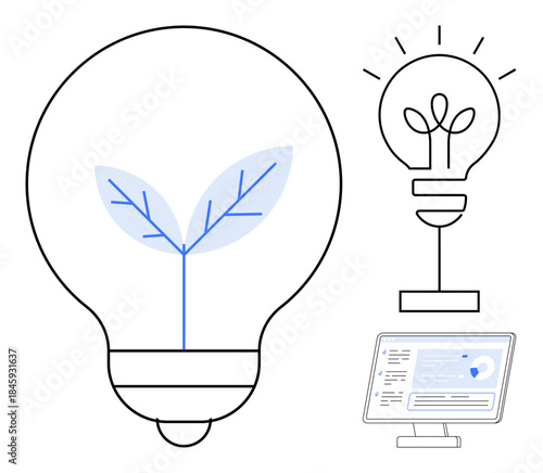 Renewable energy, eco-friendly innovation, sustainability technology, clean power, green living, energy efficiency. Stylized light bulbs with leaf and glowing lines, screen showing digital data