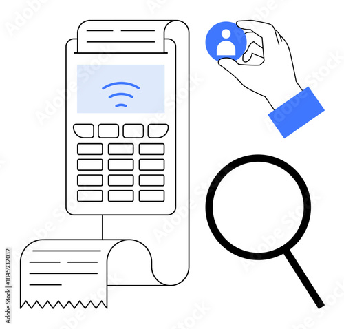 Payment terminal printing receipt, hand holding user icon, magnifying glass. Ideal for finance, technology, security, analytics, business retail identity verification. Simple flat metaphor