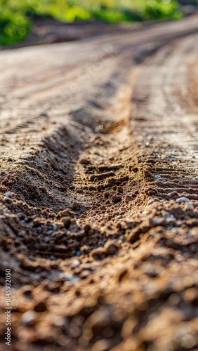 Close Up Of Tire Tracks On A Dry Dirt Road With Sunlight Shining Through The Grains Of Soil And Gravel