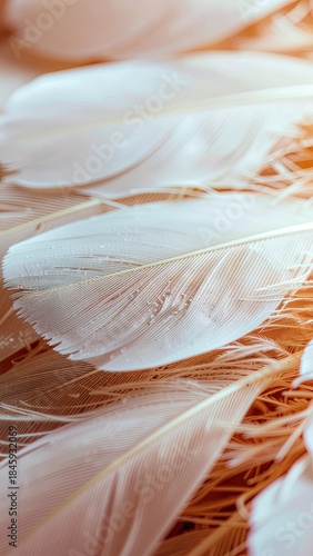 Close up of Soft White Feathers with Golden Highlights and Warm Orange Background